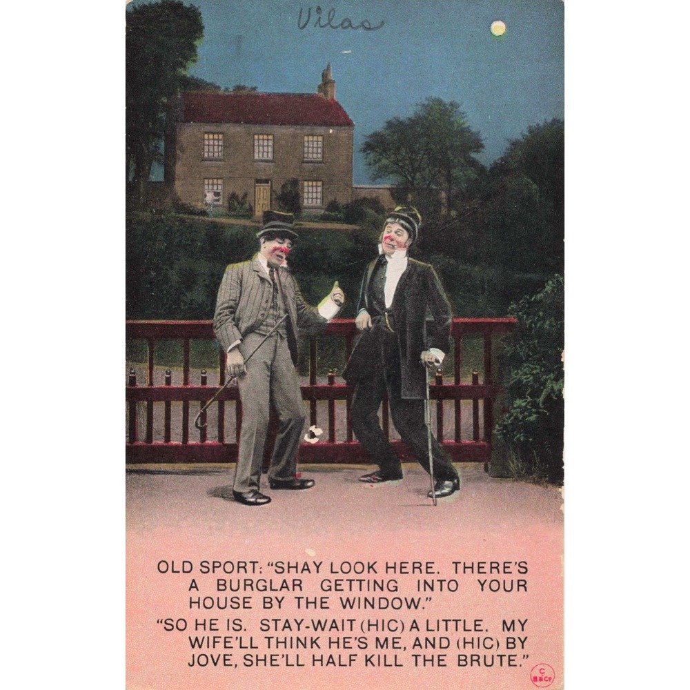 Vintage 1911 Bamforth Vilas Comic Postcard Drunk Men Burglar Joke Franklin Stamp